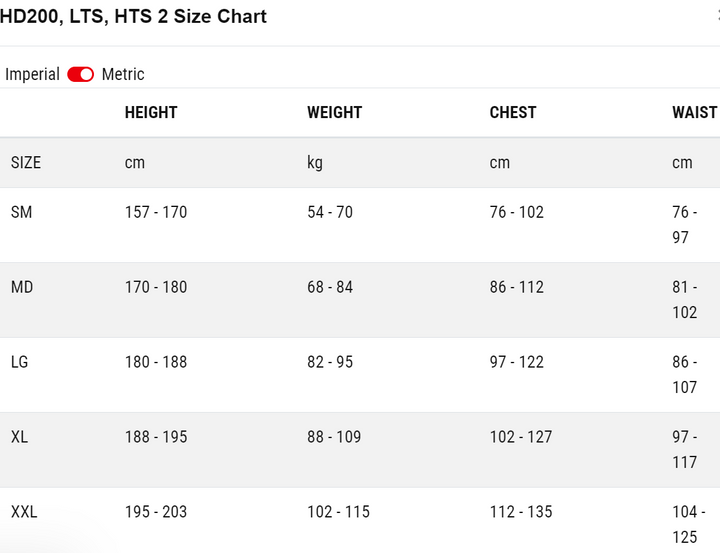 HOLLIS SCUBA BCD SIZE CHARTS