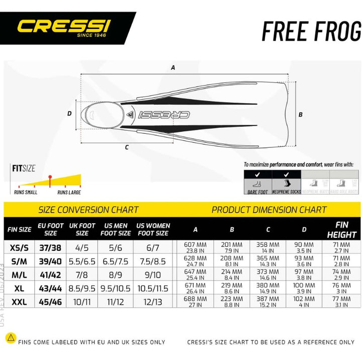 Cressi Freefrog fins  size chart